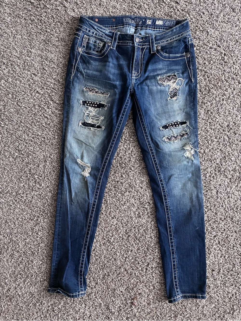 Miss Me Dark Blue Distressed Skinny Jeans with Embroidered Detail
